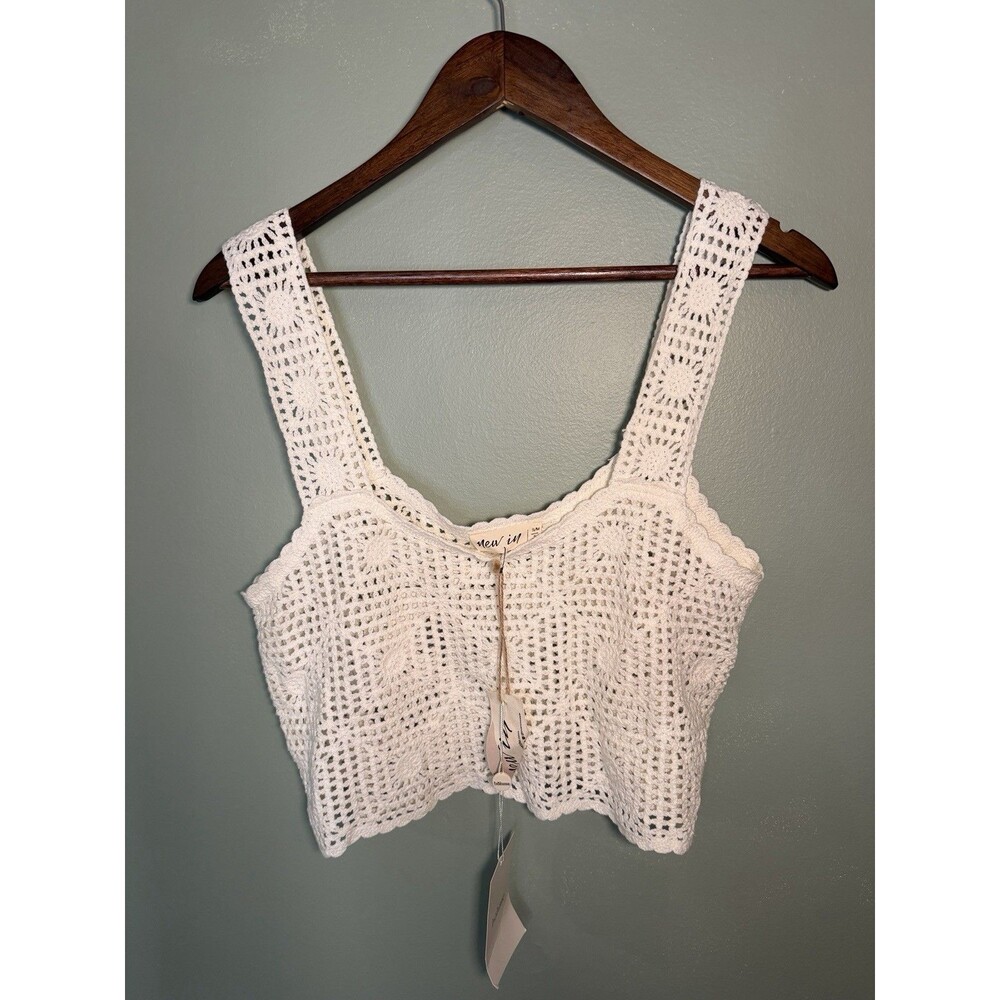 Bohme Womens Tank Top S/M White Solid Crochet Square Neck Wide Strap Crop